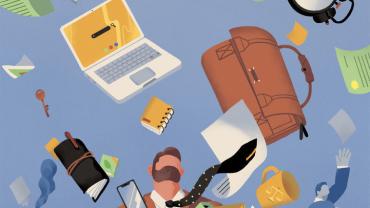 man holding a box labeled common sense. his belongings are flying out of the box