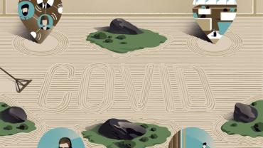 A sand garden with the word COVID. Several images of pandemic work life