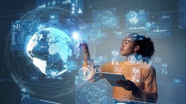 Woman interacting with a hologram