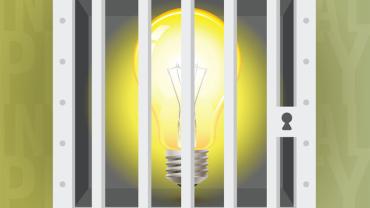 a lightbulb behind a locked door. surrounded by the words intellectual property