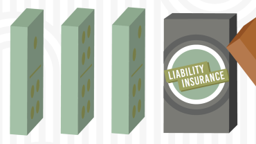a block labeled liability insurance stopping a row of dominos from falling