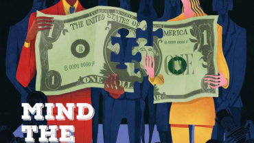 a man and a woman holding two pieces of a one dollar bill. the woman's piece is smaller.