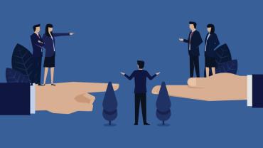 illustration of two hands pointing at each other with people in suits standing on top of each hand yelling at each other, one man in the middle mediating the two groups