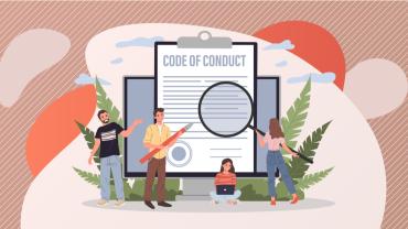 Illustration of four people closely examining a large clipboard labelled "code of conduct"