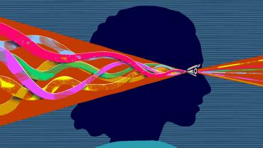 female silhouette, curved lines entering eye, straight lines exiting