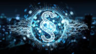 Law paragraph digital hologram on blue city background 3D rendering