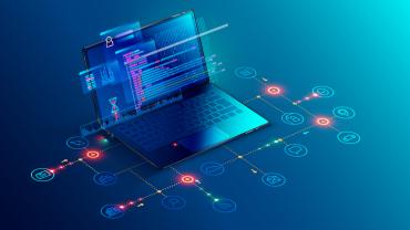 laptop with code and lights extending from the base and the screen