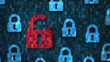 Broken red padlock with blue secure padlocks in front of a gray background with binary code.