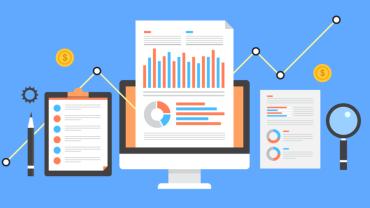 Graphic of paper, data, and computers in front of a blue background and increasing white line graph.