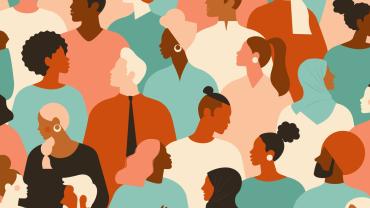 Flat cartoon of diverse group of people wearing turquoise, orange, and white shirts.