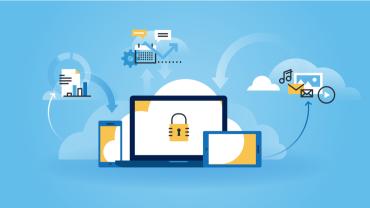 Flat graphic of files being imported into a computer in front of a cloud in front of a sky blue background.