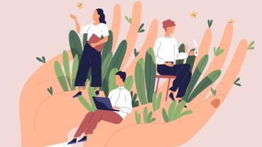 Plants and people in the palms of a hand