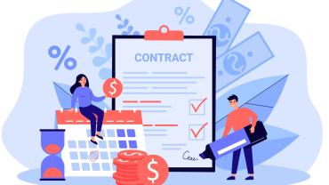 Flat vector of woman sitting on an oversized calendar and a man signing an oversized contract in front of a light purple background of icons of money, coins, and an hourglass.