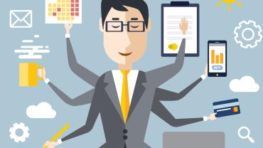 color drawing of man with six arms balancing a clipboard, phone, calendar, etc., but with arms turned up in relaxed pose