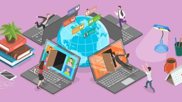 drawing, color-globe surroundd by laptops with people walking into screen to symbolize connection via laptop video mtgs