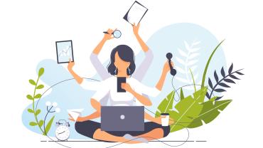 illustration-woman, white, it appears, w/estimated 7 arms, holding devices, phone, sitting criss-cross with laptop on lap, plants surrounding her