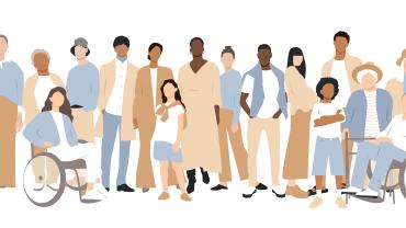 lillustration of people, different color skin, some gray hair, some with wheelchair, walker, cane, pregnant