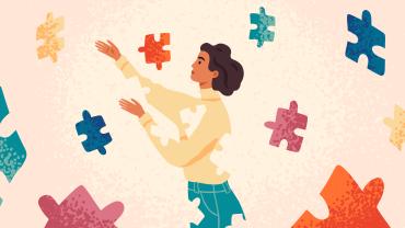 illustration - woman pulling different color puzzle pieces, holding some in one color and reaching for one in same color