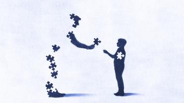 figured with missing pieces giving pieces to smaller figure, child-appearing, whole but for one missing piece