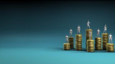 illustration of gold coin stacks of different heights with figures of people atop