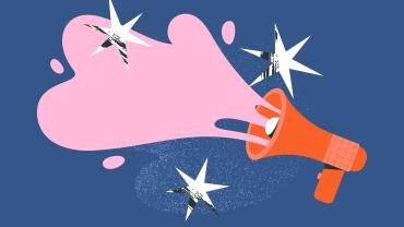 Megaphone with pink exclamation bubble coming out of it. 