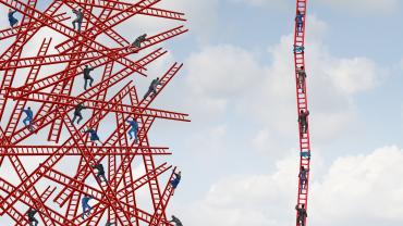 A stack of men neatly climbing up a column of stacked ladders next to a jumbled mess of men in a web of ladders. 
