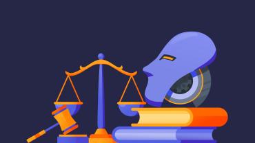 Scales of justice with a robot head sitting on a pile of legal books. 
