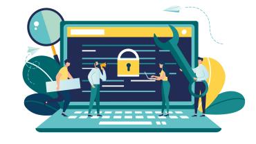 Product privacy - cybersecurity. Image of lawyers in front of a computer, safeguarding data.