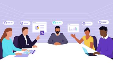 Illustration of employees around an office table with other members on screens