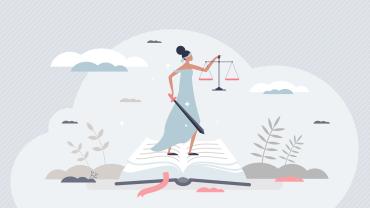 Illustration of lady justice with a sword, standing on a legal book.