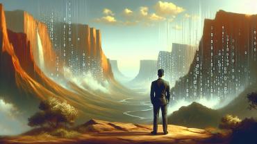 Legal professional overlooks a canyon with floating binary code