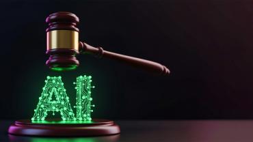Judge's gavel above neon-glowing AI