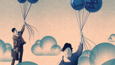 two business people flying by holding balloons