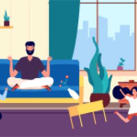 Father meditating while children run wild in house