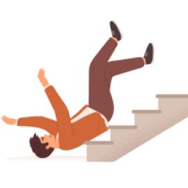 Male-looking drawn figure falling backwards down stairs
