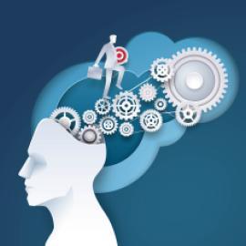 drawing of head, skull open with pouring out cogs, gears, and wheels, and pant-suited figure with briefcase walking up it with target sign