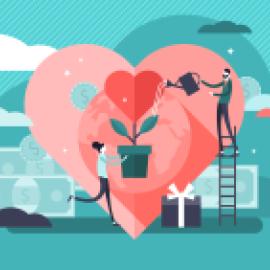 illustration focused on heart with heart inside as plant people are watering and it's surrounded by paper money