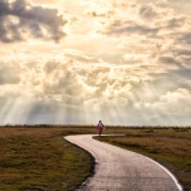 path curving with human figure in the distance, through grass toward sky with light beaming from clouds