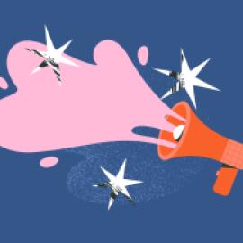 Megaphone with pink exclamation bubble coming out of it. 