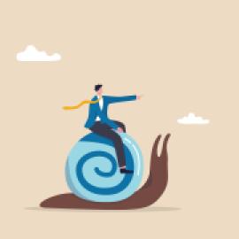 Man riding a snail forward to success. 