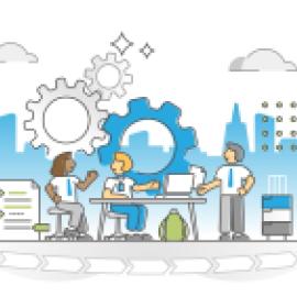 Graphic of a student navigating an internship program and emerging with a career. 