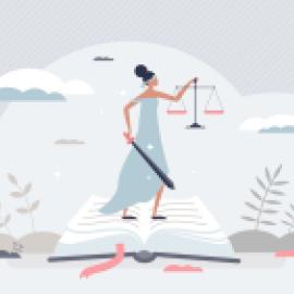 Illustration of lady justice with a sword, standing on a legal book.
