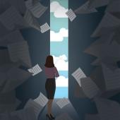 Bright sky in view amongst a whirlwind of papers