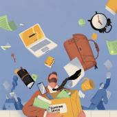 man holding a box labeled common sense. his belongings are flying out of the box