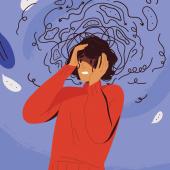 Artwork portraying an anxious woman surrounded by blue and squiggly lines.