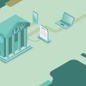 A law building with connections to data flow and technology