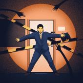 man in a suit holding a door shut and facing a spotlight and reaching hands