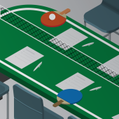 An office table stylized as a ping pong table