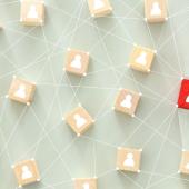 Multiple wooden blocks connected to each other. one is red.