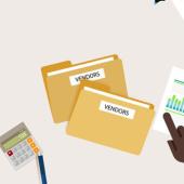 Several hands pointing at folders labeled Vendor and other objects on a table.